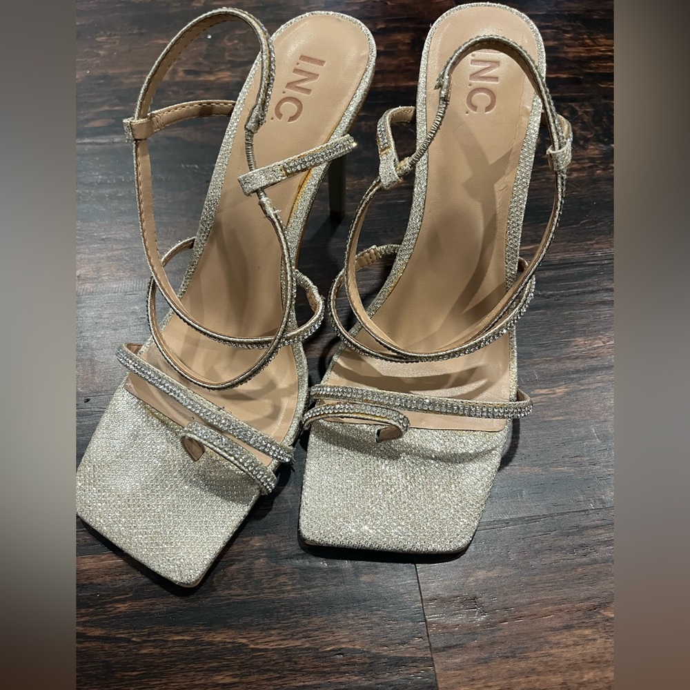 INC International Concepts Silver Sparkle Strappy Heels - Size 10